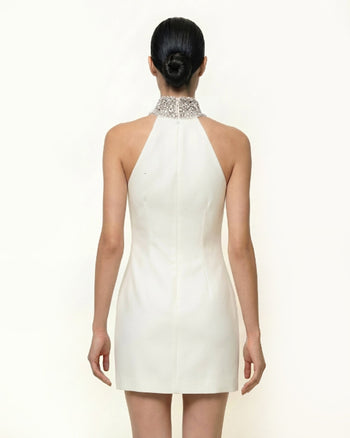 Neckholder-Kleid mit Schmucksteinen und Iris-Motiv - Weiß
