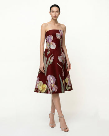 Trägerloses A-Linien-Kleid mit Iris-Blumenprint - Burgunderrot