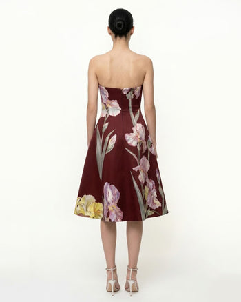 Trägerloses A-Linien-Kleid mit Iris-Blumenprint - Burgunderrot