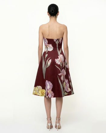 Trägerloses A-Linien-Kleid mit Iris-Blumenprint - Burgunderrot