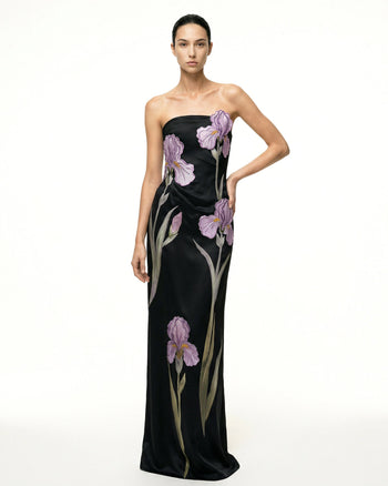 Iris Trägerloses Maxikleid mit Blumenapplikationen - Schwarz