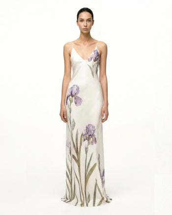 Satin-Slip-Kleid mit Iris-Motiv - Weiß