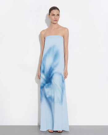 Aquarell-Blumenprint trägerloses Maxikleid - Blau