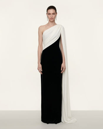 Drapiertes One-Shoulder-Maxikleid - Schwarz-Weiß