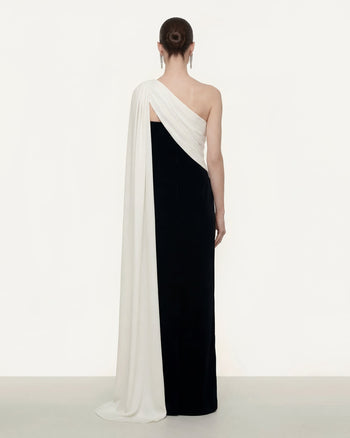 Drapiertes One-Shoulder-Maxikleid - Schwarz-Weiß
