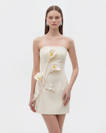 Trägerloses Kleid mit Blumen-Applikationen - Weiß