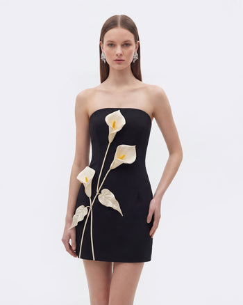 Trägerloses Kleid mit Blumen-Applikationen - Schwarz