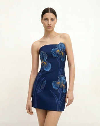 Iris Blumendruck Trägerloses Kleid – Marineblau