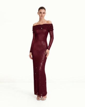 Strass-Netz-Off-Shoulder Maxikleid - Weinrot