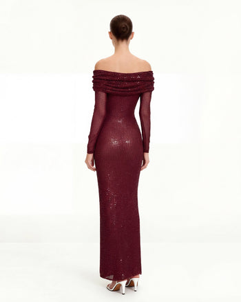 Strass-Netz-Off-Shoulder Maxikleid - Weinrot