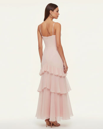 One-Shoulder-Maxikleid mit Orchideenstickerei und Rüschen - Zartrosa
