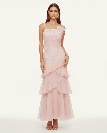 One-Shoulder-Maxikleid mit Orchideenstickerei und Rüschen - Zartrosa
