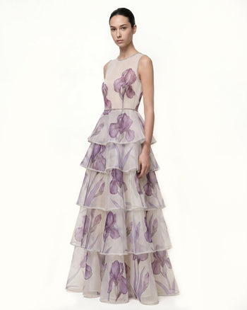 Gestuftes Organza-Maxikleid mit Iris-Print und Schmucksteinbesatz - Weiß/Lila