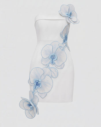 Orchid Besticktes trägerloses Minikleid mit Blumenapplikationen - Weiß Blau
