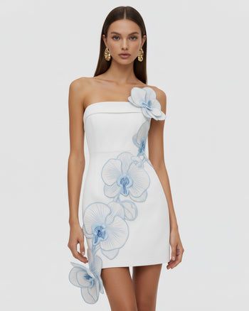 Orchid Besticktes trägerloses Minikleid mit Blumenapplikationen - Weiß Blau