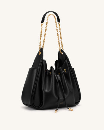 Rowan Geraffte Beuteltasche mit Kordelzug und Kette - Schwarz