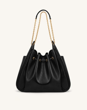 Rowan Geraffte Beuteltasche mit Kordelzug und Kette - Schwarz