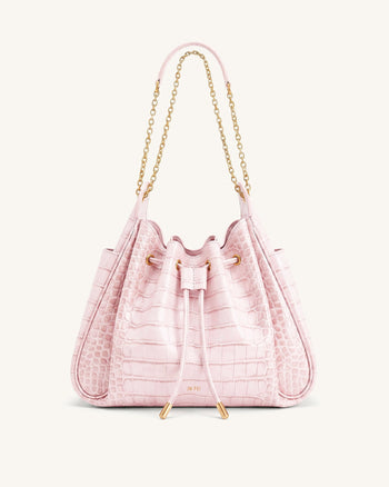 Rowan Raffierte Kordelzug-Ketten-Bucket-Bag - Pink Krokodilloptik