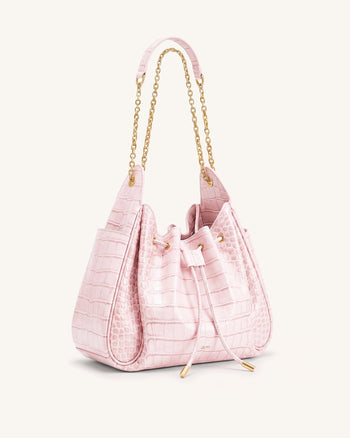 Rowan Raffierte Kordelzug-Ketten-Bucket-Bag - Pink Krokodilloptik