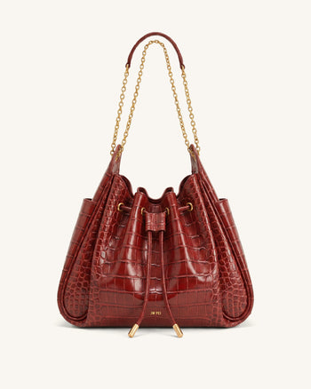 Rowan Raffierte Kordelzug-Ketten-Bucket-Bag - Dunkelrot Krokodilloptik