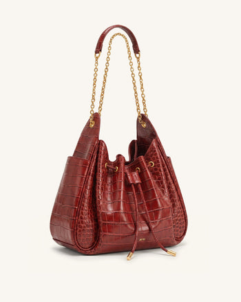 Rowan Raffierte Kordelzug-Ketten-Bucket-Bag - Dunkelrot Krokodilloptik