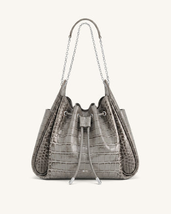 Rowan Raffierte Kordelzug-Ketten-Bucket-Bag - Grau Krokodilloptik