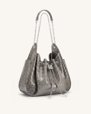Rowan Raffierte Kordelzug-Ketten-Bucket-Bag - Grau Krokodilloptik