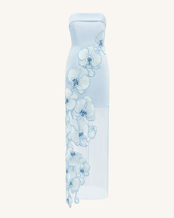Kleid mit Orchideenstickerei – Hellblau