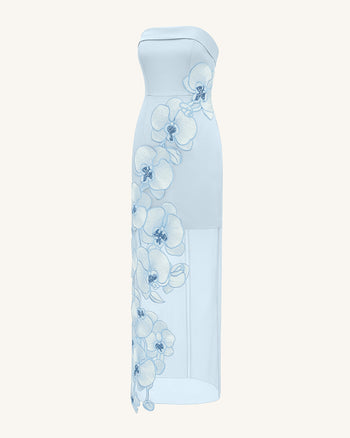 Kleid mit Orchideenstickerei – Hellblau