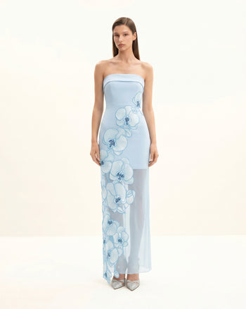 Kleid mit Orchideenstickerei – Hellblau