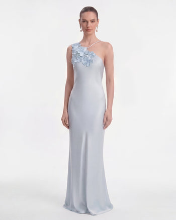 One-Schulter-Maxikleid mit Blumenapplikationen - Hellblau