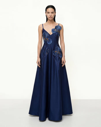 Iris Besticktes A-Linien-Maxikleid – Marineblau