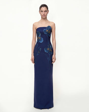 Trägerloses Maxikleid mit Iris-Stickerei - Marineblau