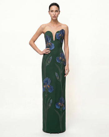 Trägerloses Maxikleid mit Iris-Stickerei und Kerbausschnitt – Smaragdgrün