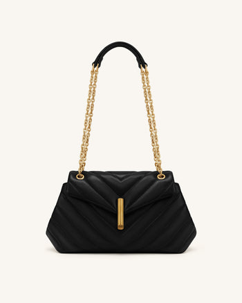 Valerie Gesteppte Schultertasche mit Überschlag und Kette - Schwarz