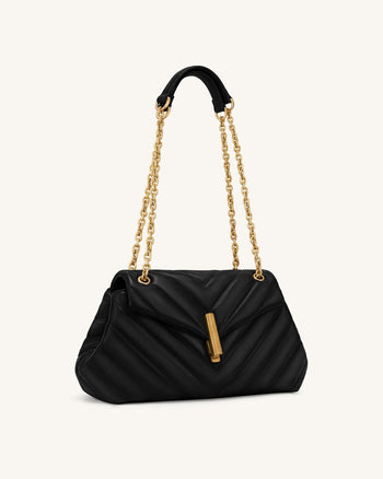Valerie Gesteppte Schultertasche mit Überschlag und Kette - Schwarz