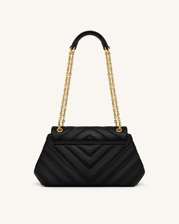 Valerie Gesteppte Schultertasche mit Überschlag und Kette - Schwarz