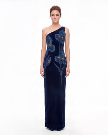 Iris Besticktes einfarbiges Maxikleid mit einem Schulterträger aus Samt - Dunkelblau