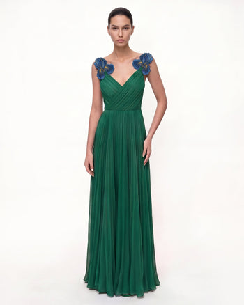 Iris Besticktes Plissee-Maxikleid mit V-Ausschnitt – Smaragdgrün