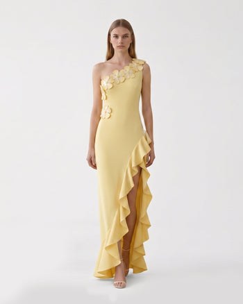 Kleid mit Blumenapplikation, einem Träger, Rüschen und Schlitz – Gelb