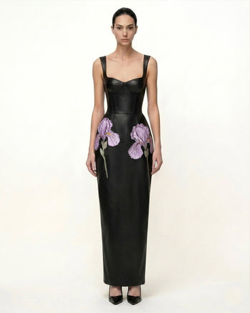 Iris Maxikleid aus Leder mit Blumenprint, Trägern und Korsett-Optik – Schwarz
