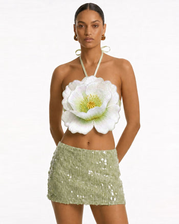 Kurzes Crop-Top mit 3D-Blumenmuster und Neckholder - Elfenbein