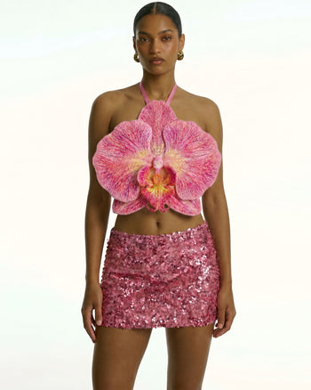 Kurzes Crop-Top mit 3D-Orchideenmuster und Neckholder - Pink