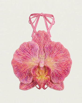 Kurzes Crop-Top mit 3D-Orchideenmuster und Neckholder - Pink