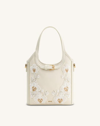 Brooke Mini-Handtasche mit Gürtel und verzierter Orchideenperlenstickerei - Elfenbein