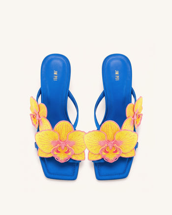 Serena Sandaletten mit Orchideen-Stickerei und Zehenring - Royalblau