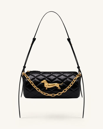 Gesteppte Dackel-Schultertasche mit Kette - Schwarz