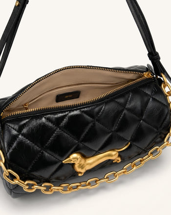 Gesteppte Dackel-Schultertasche mit Kette - Schwarz
