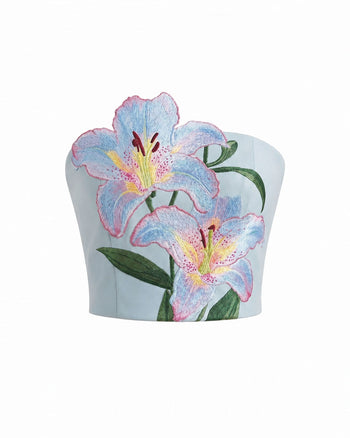 Lily Trägerloses Korsett-Top mit Blumenstickerei - Hellblau