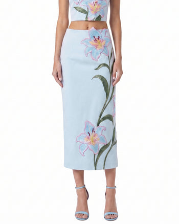 Lily High-Waist-Bleistift-Midirock mit Blumenstickerei - Hellblau